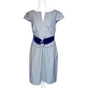 Kay Unger pleated peplum‎ sheath dress belted black white houndstooth check 12